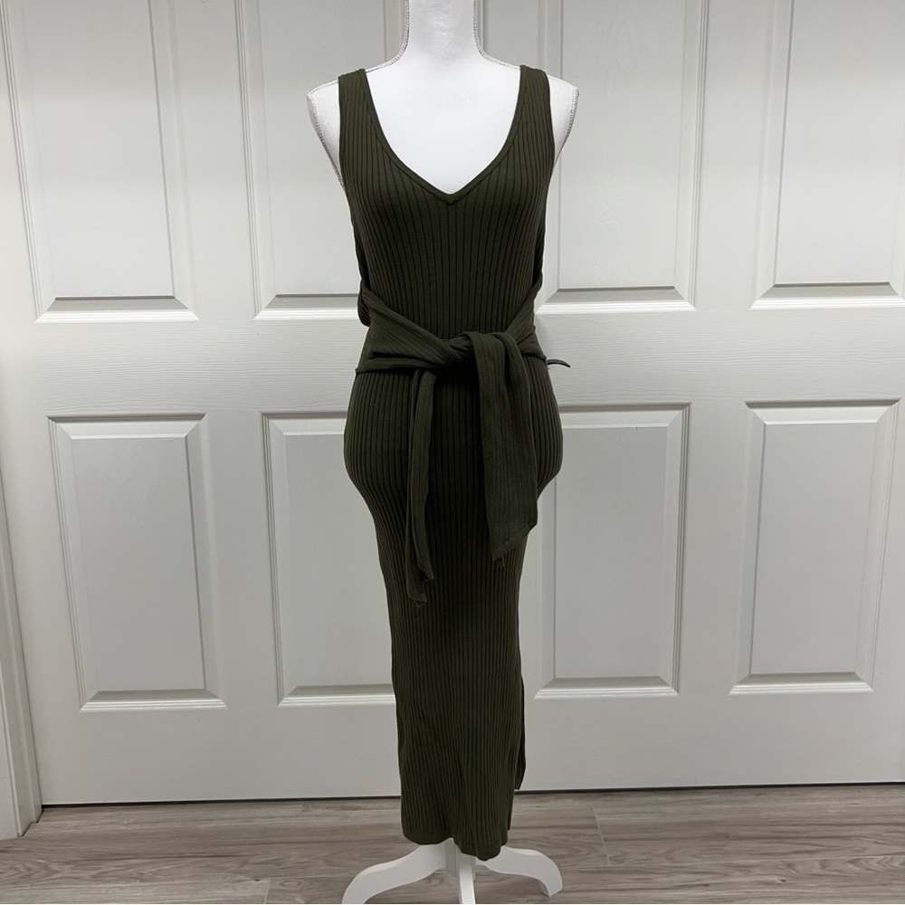 Good American Green Belted Body Ribbed Bodycon Sleeveless Knit Dress Size 2 - Picture 2 of 10